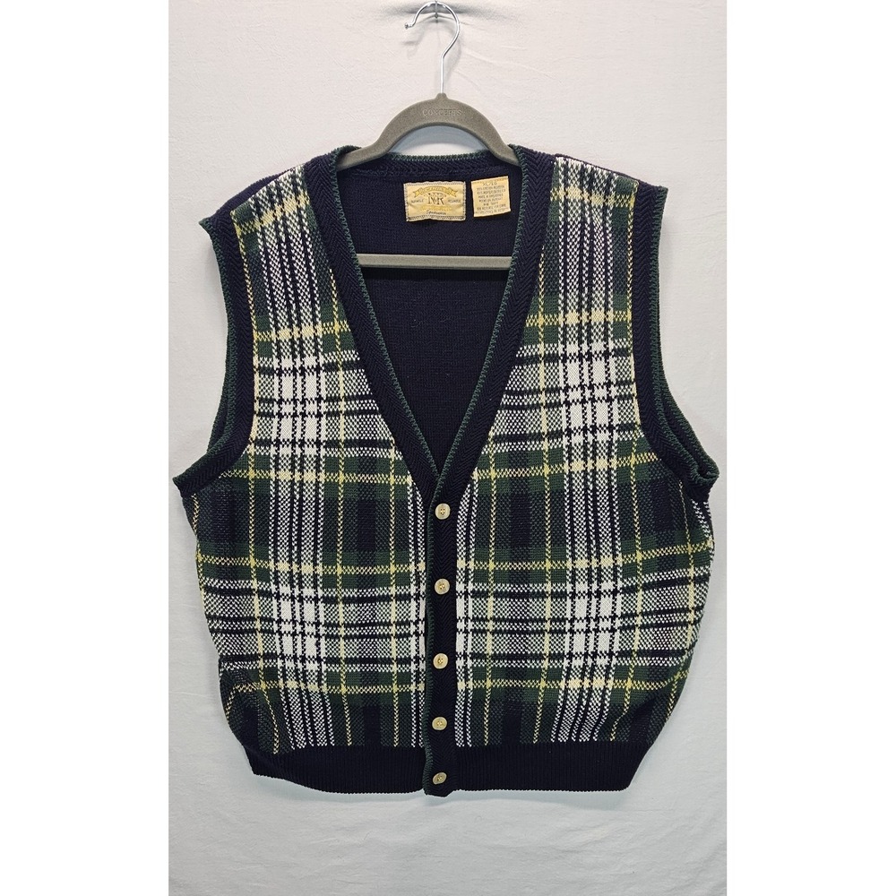 Vintage New Rivers Sweater Vest XL Plaid Button Front Knit Grandpa Golf 90s